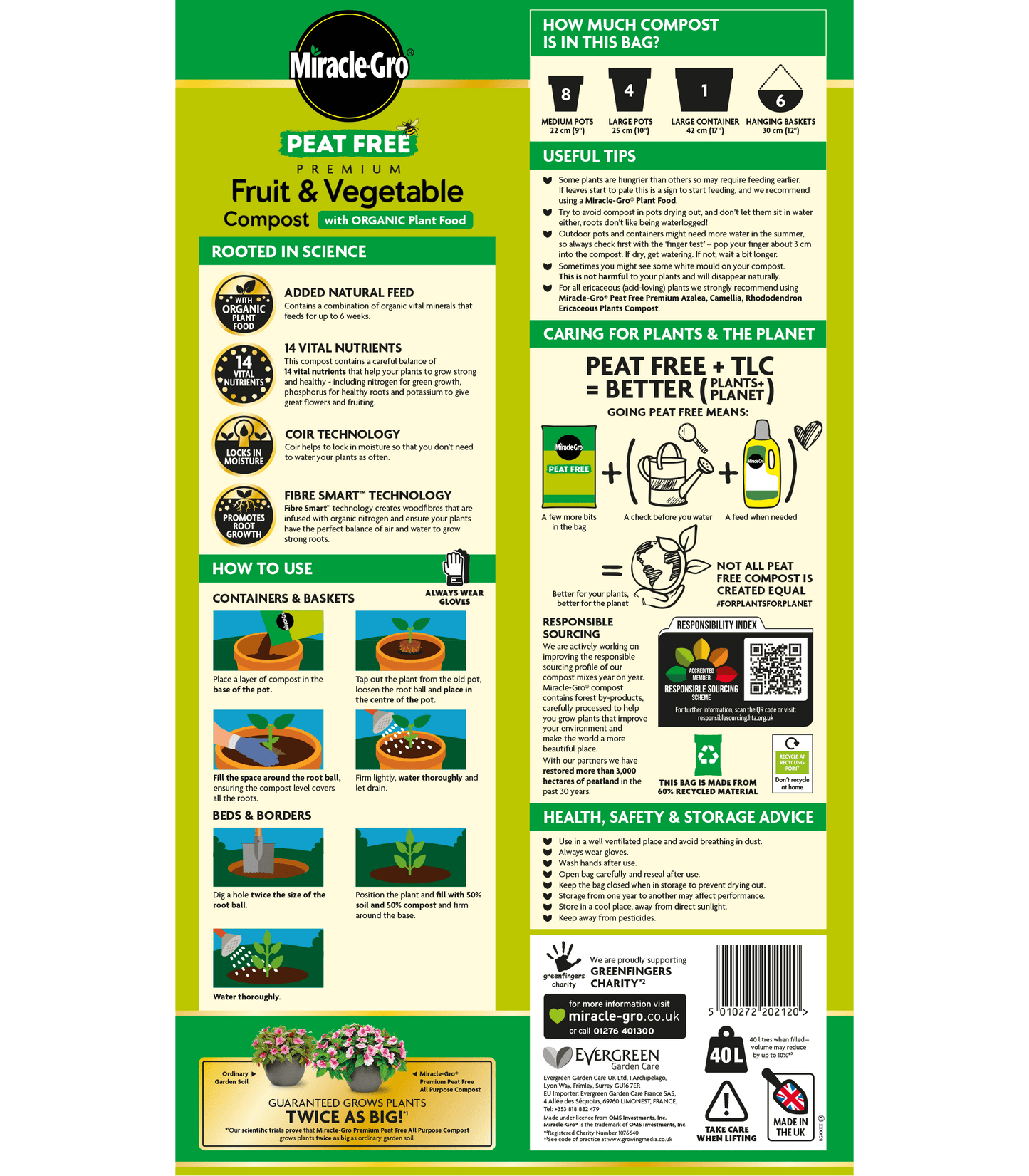 Miracle Gro Performance Organics Fruit and Veg Compost 40L Natural Nutrient Rich Compost for Fruit and Vegetable Gardens