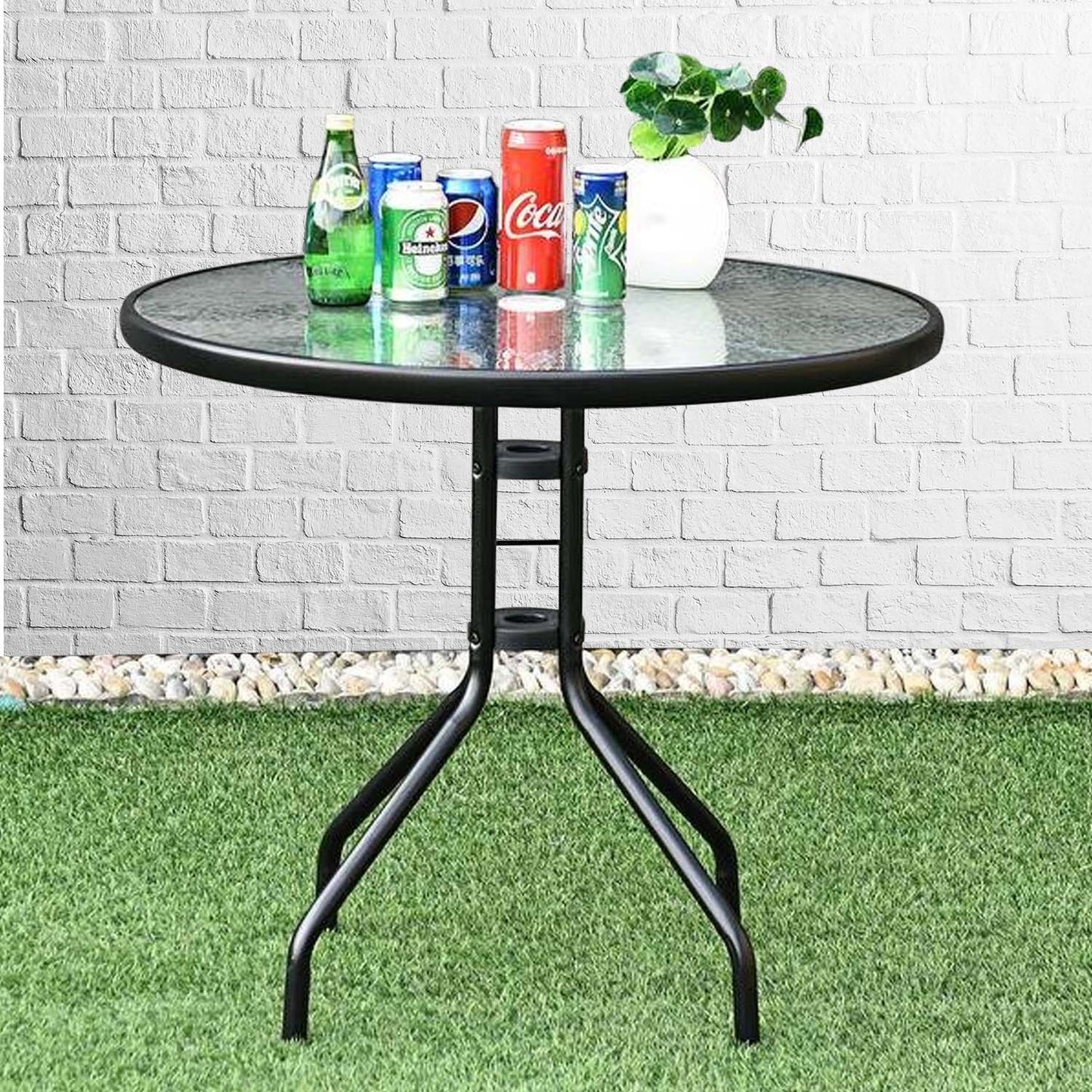 Outdoor Dining Table, Bistro Patio Garden Table, Metal Glass Top Table for Indoor Outdoor Cafe Dining, Black