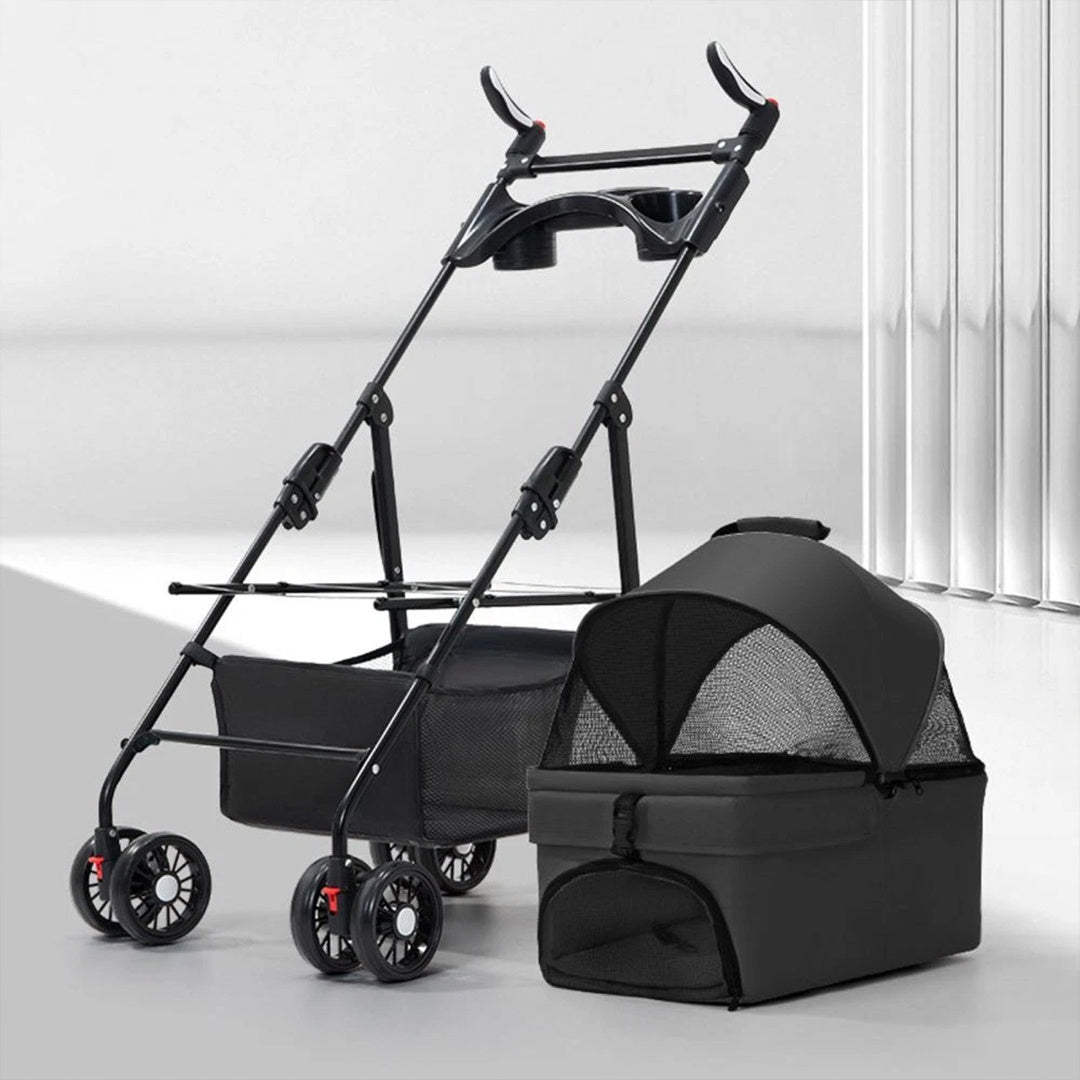 Lightweight Foldable Pet Stroller for Cats & Small Dogs - All-Terrain Oxford Fabric Carrier with Ventilation Mesh, Ergonomic Handlebar & Storage Basket - Portable Travel Stroller for Vet Visits, Shopping, Outdoor Walks, Mesh Canopy Visibility, Ventilated
