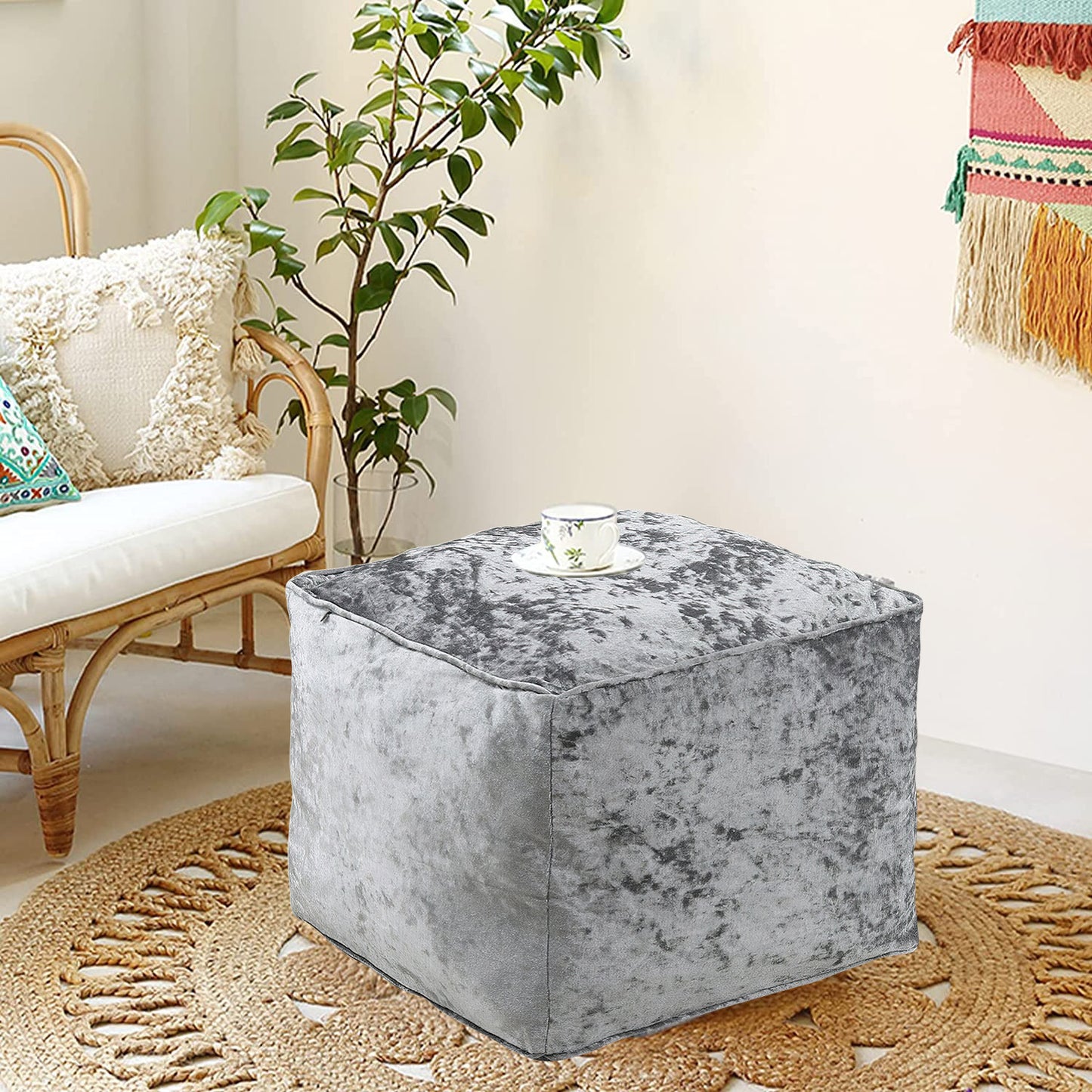 Fully Filled Velvet Bean Bag Footstool – Cube Pouffe Seat, 40×40×30cm, Soft Crush Velvet, Square Shape, Ideal as Foot Rest or Extra Seating