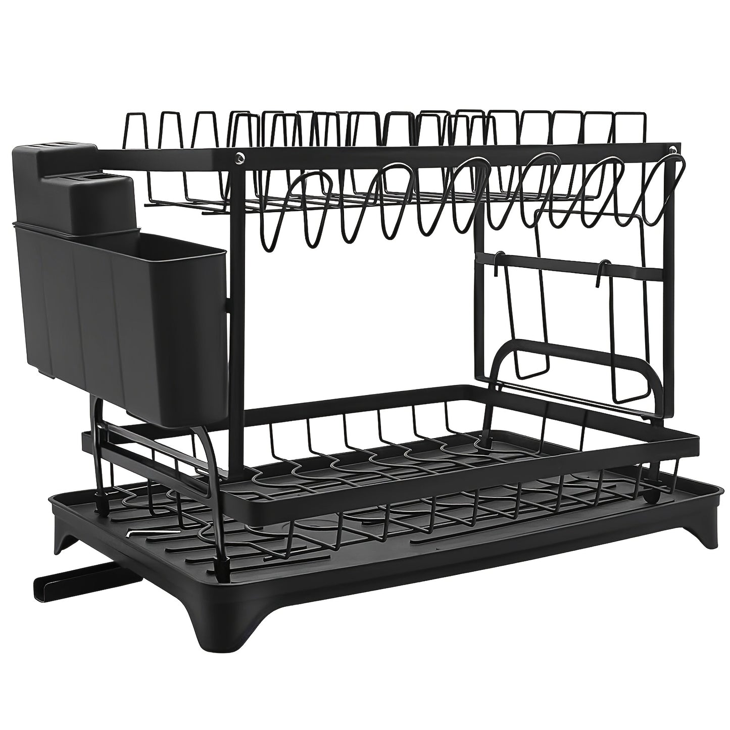 2 Tier Dish Drainer Rack for Kitchen Counter - Space-Saving Dish Rack with Utensil Holder and Cutting Board Holder Large Capacity Drying Rack with Draining Board, Black