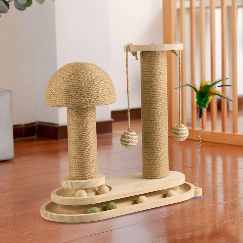 4-in-1 Cat Scratching Post with Sisal Rope, Ball Track & Spring Toy – Interactive Solid Wood Cat Activity Centre, 2 Sizes