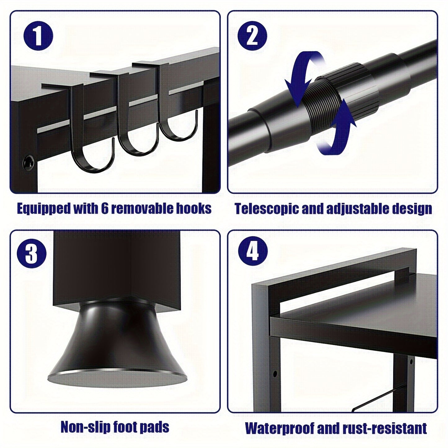 Extendable Black Kitchen Rack: 2 Tier Structure, 40 - 65cm, with 6 Hooks for Microwave Oven Holder, Utility Racks, Utility Racks