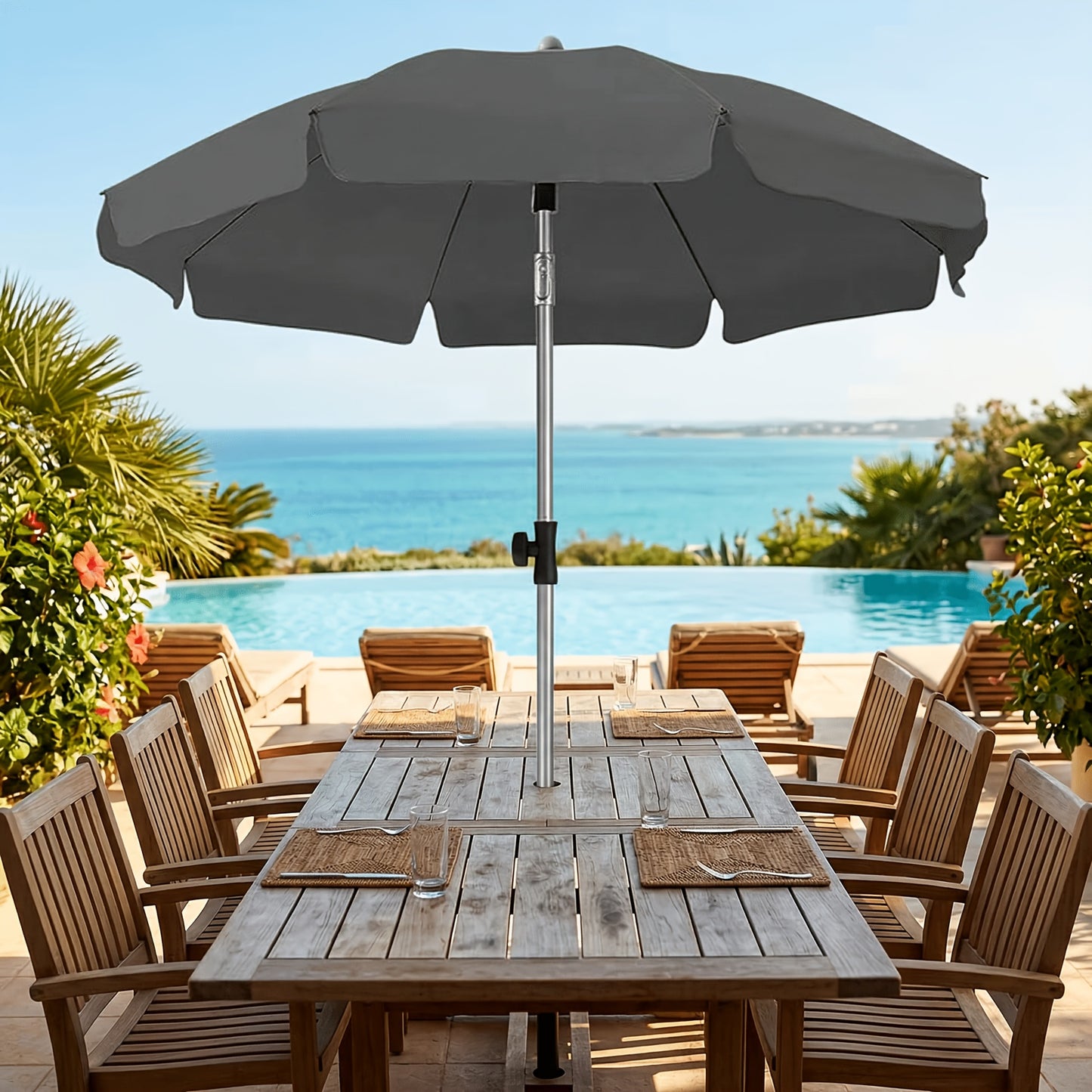2 X 2m Parasol, Market Umbrella, Round Garden Umbrella, 8 Steel Braces, Base Not Included, Patio Umbrella for Garden, Balcony And Patio, Grey/ Beige/ Blue/ Orange