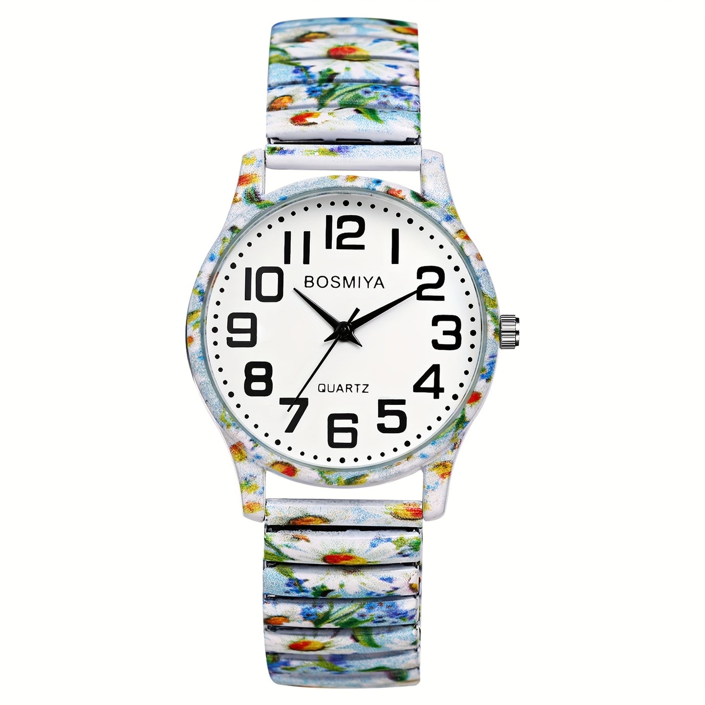 Bohemian Women'S Elastic Watch, Analog Quartz, Large Arabic Numerals Scale, Clear Easy to Read, Round Case, Printed Decorative Stainless Steel Stretch Strap, Suitable for Casual, Business, Mother'S Day Back-To-School Season Christmas Birthday Gift