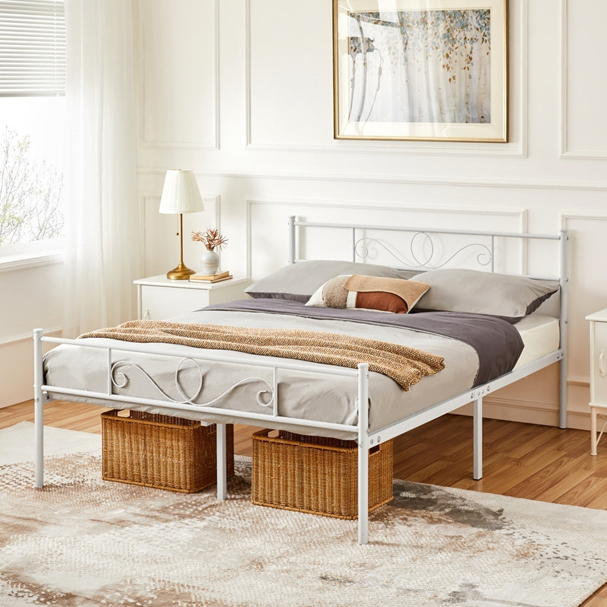 Metal Bed Frame with Scroll Headboard & Footboard | Platform Bed Base | No Box Spring Needed | Easy Assembly | Black White Pink | Bedroom Furniture