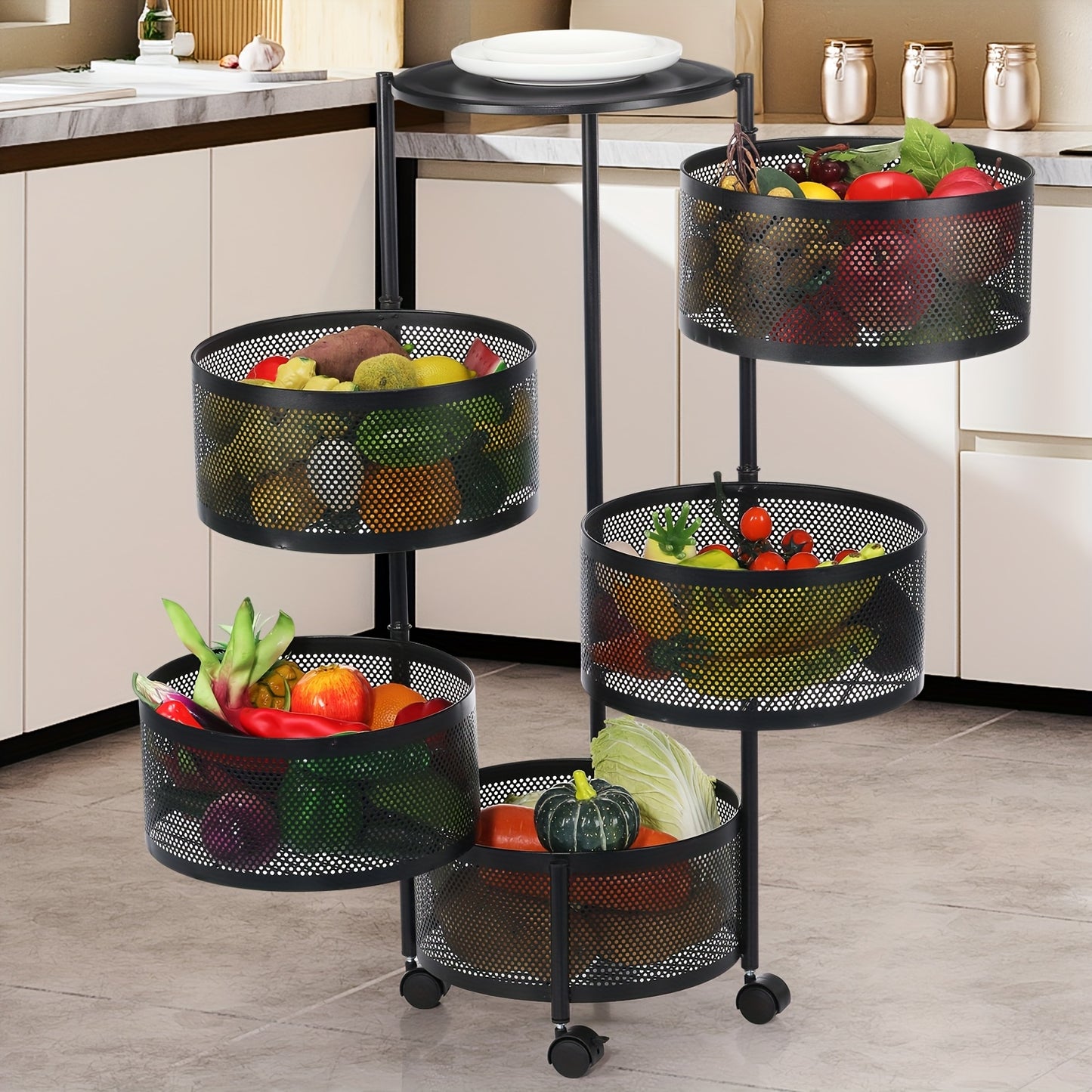 Kitchen Storage Trolley 6 Tier Rotating Utility Cart, 360° Mobile Fruit & Vegetable Rack with Lockable Wheels, Space Saving Steel Shelf Organiser for Kitchen, Bathroom, Living Room & Office