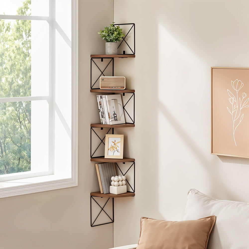 1pc 5-Tier Wooden Corner Shelf - Space-Saving Floating Bookcase & Display Stand | Easy Assembly Storage Rack for Books, Plants & Decor in Living Room, Office & Bathroom
