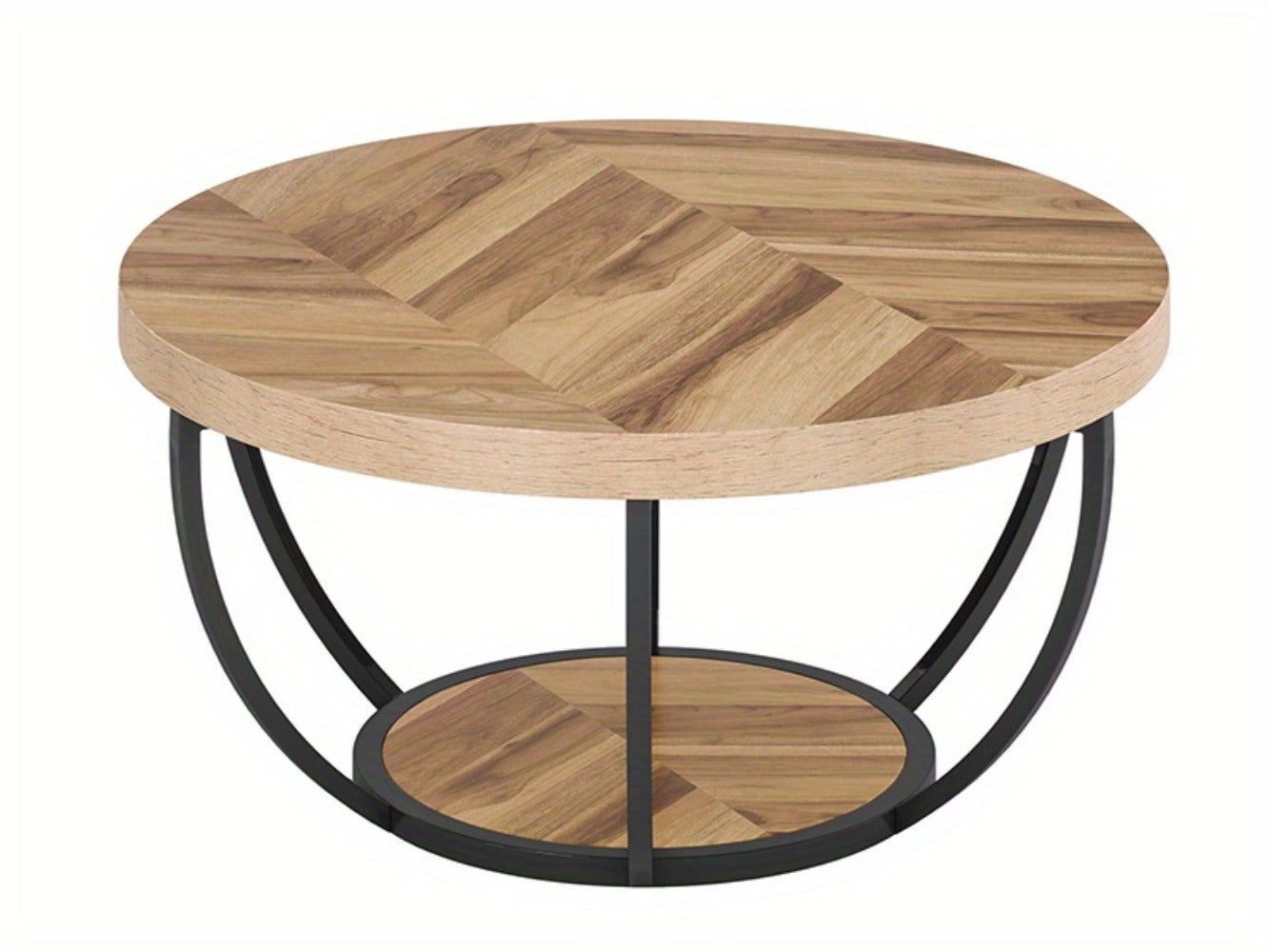 Round Coffee Table with 2-Tier Storage Shelves & Metal Legs, Space-Saving Circle Centre Table for Living Room Sofa Side, Industrial Style Open Shelf Coffee Table for Small Spaces