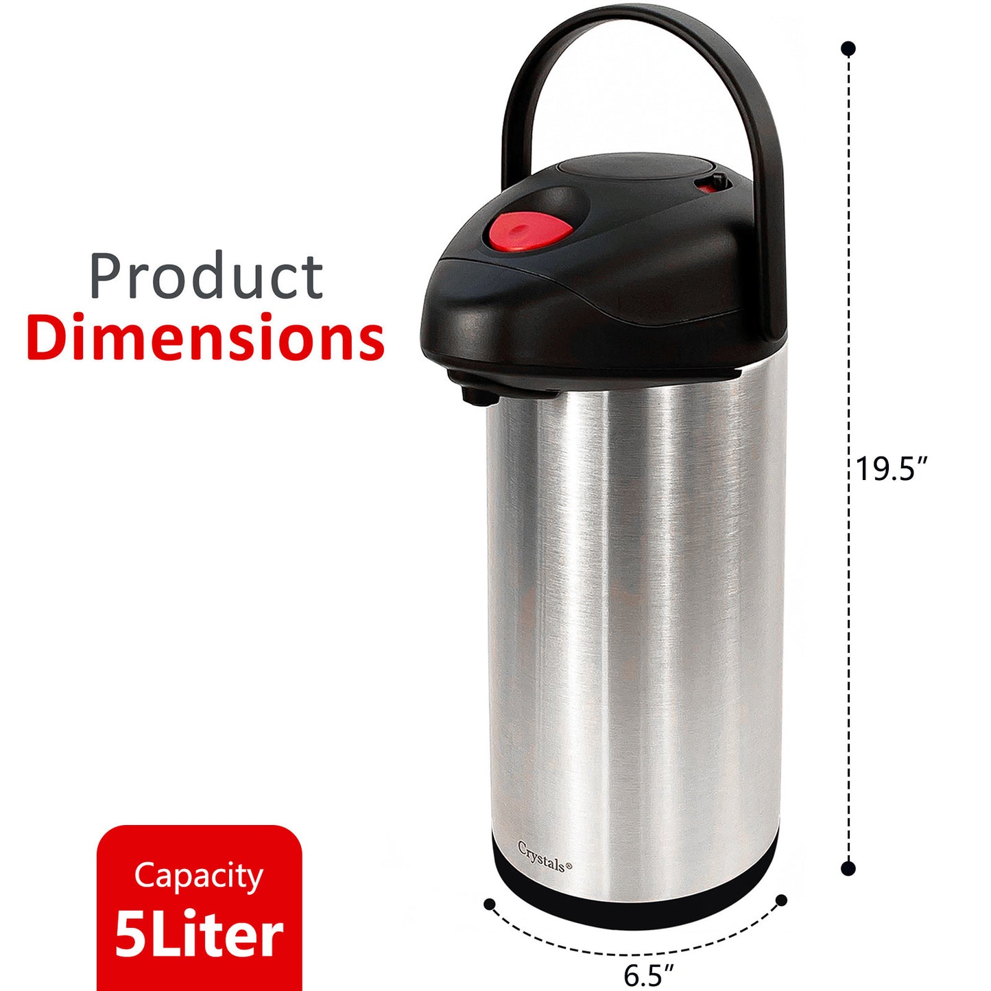 5L Stainless Steel Insulated Vacuum Airpot Flask with Pump Action, Thermal Carafe for Hot or Cold Drinks