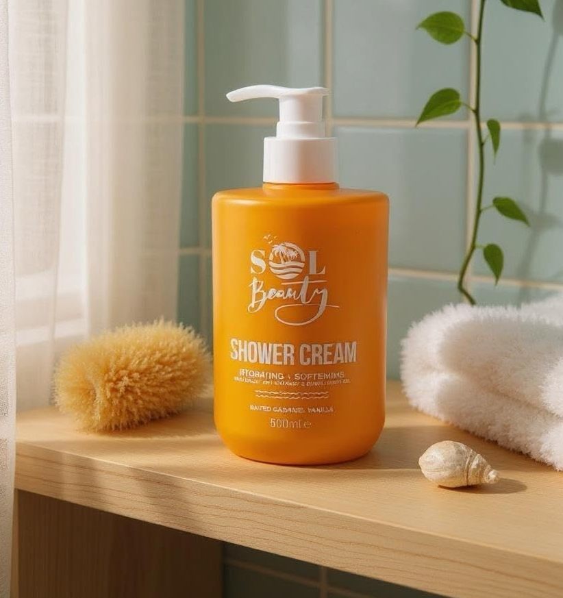 Sol Beauty Shower Cream Salted Caramel Vanilla Scent with Brazil Nut Extract, Hydrating and Softening Shower Gel 500ml