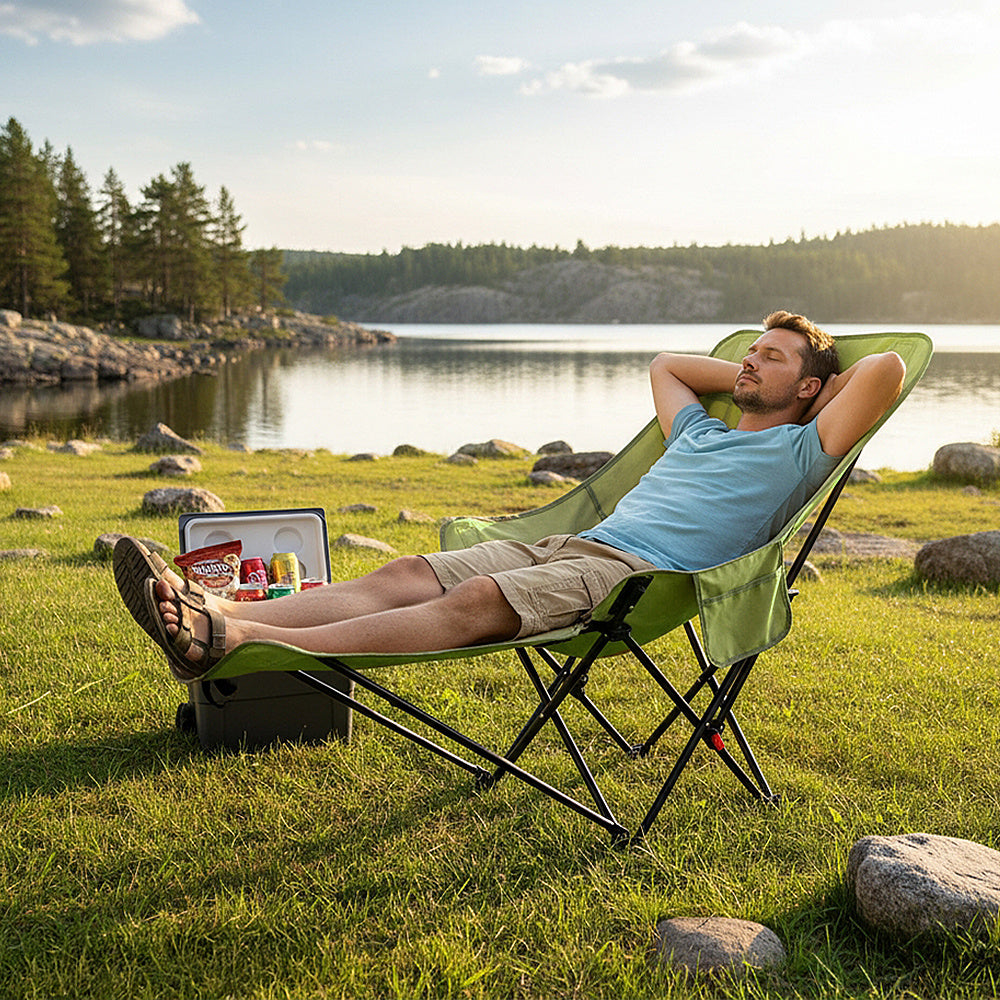 Portable High-Back Moon Chair (Three-Position Adjustment) Seat or Recline, Side Storage Pocket,Foldable Outdoor Chair Camping Picnic Lounger, Midday Rest Fishing Chair, Garden Seat Three Colours Available (Complimentary Storage Bag)