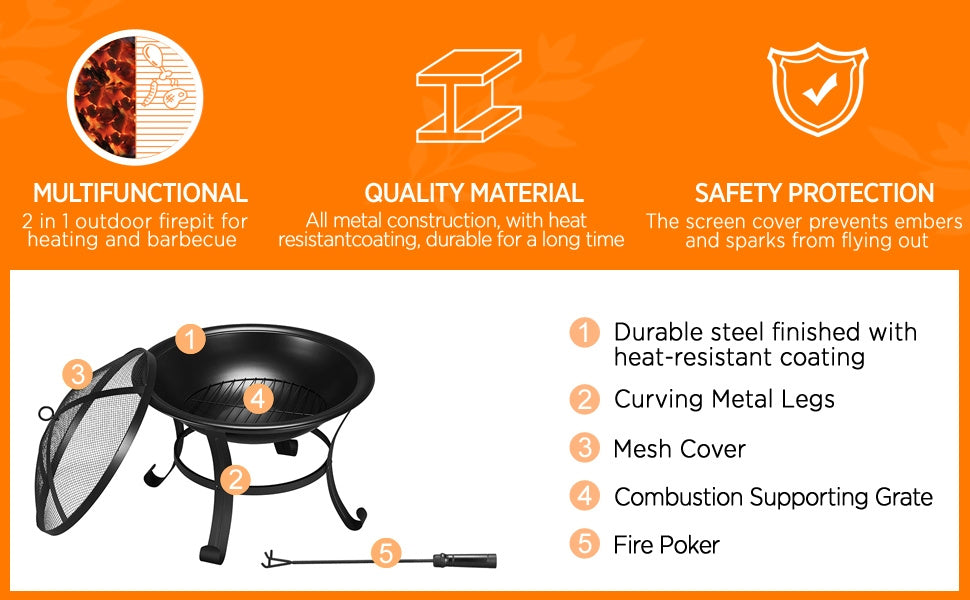 Costoffs Fire Pit, Outdoor Fire Pit Round Steel Fire Bowl for Camping, Hiking and Beach Parties, Patio Fire Pit with Mesh Screen Cover Fire Poker Log Grate for Yards, Porches, Patio, Stores, Patio BBQ Camping Bonfire, Black