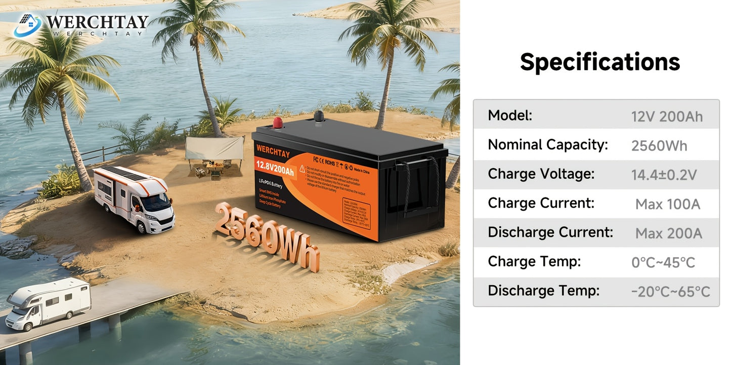 WERCHTAY 12.8V Lifepo4 Battery 300/200/100Ah, Equipped with A+ Grade Battery Cells, 25000+ Deep Cycles, Intelligent BMS Overcharge/Overdischarge Protection, for Home Energy Storage, Outdoor Rvs, Off-Grid Solar Applications