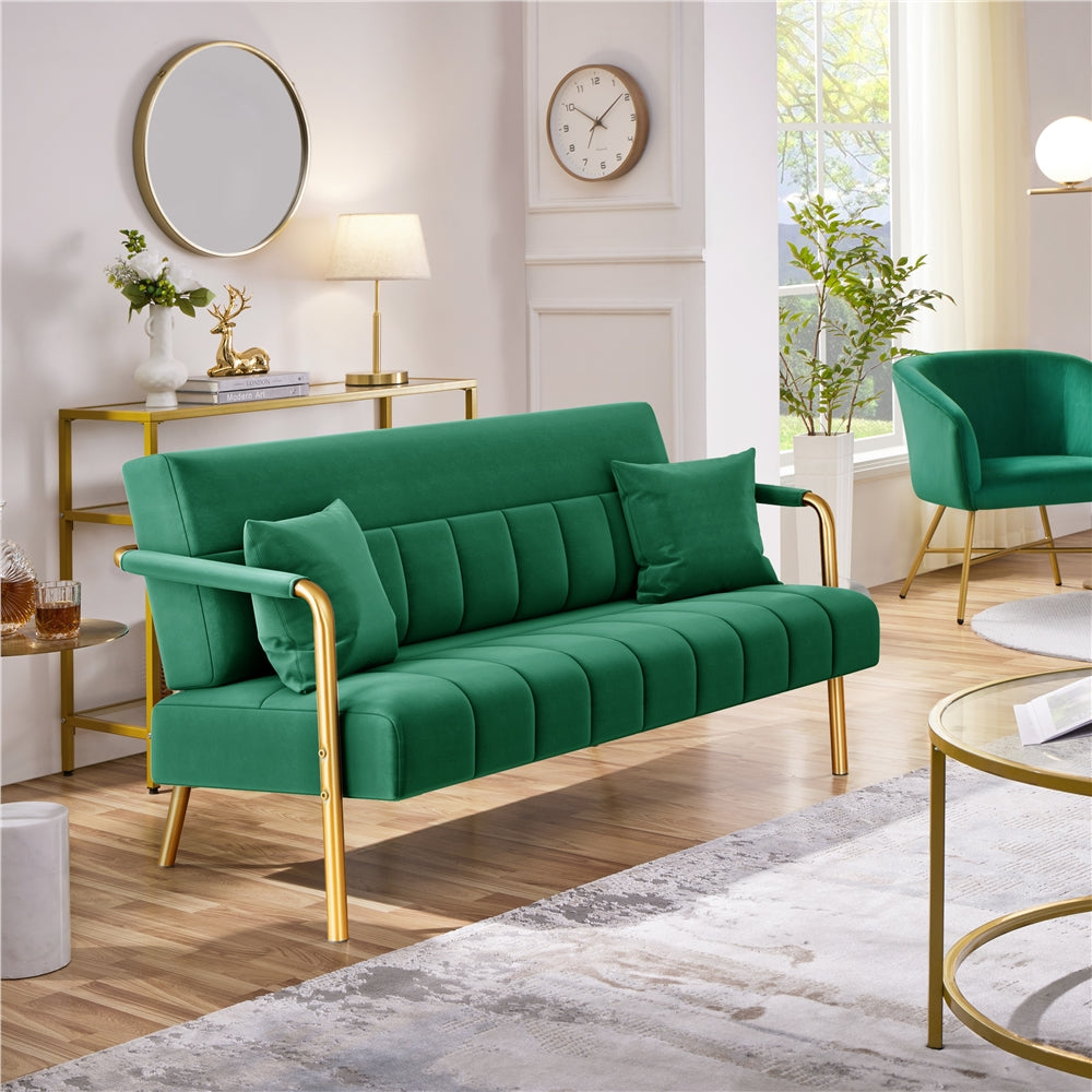 Velvet Loveseat Sofa 143cm | Gold Metal Arms & Legs | 2 Pillows Included | Upholstered Small Sofa for Bedroom Home Office Studio | Grey Green Beige Black Pink