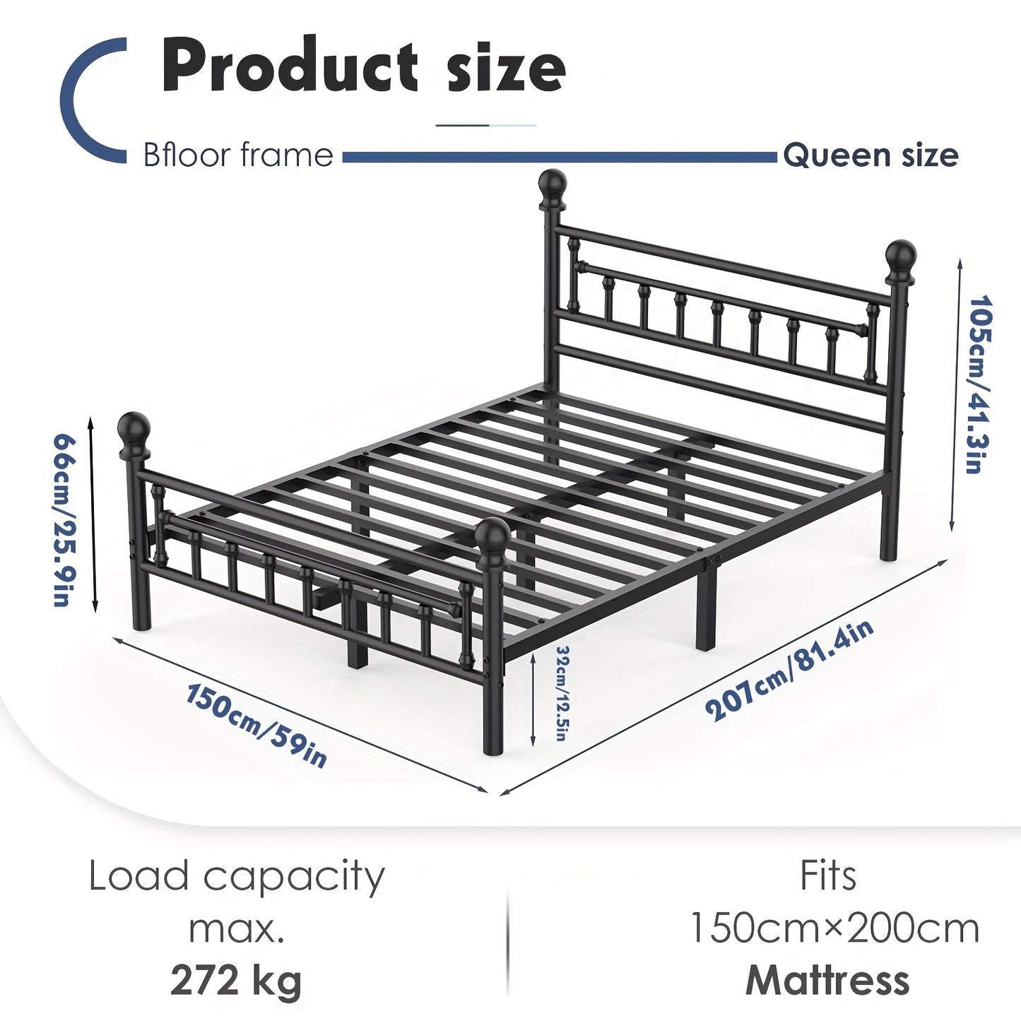 Vintage Metal Bed Frame in Black – Single, Double & King Size | 32cm Under-Bed Storage, 272kg Capacity | Steel Construction Easy Assembly