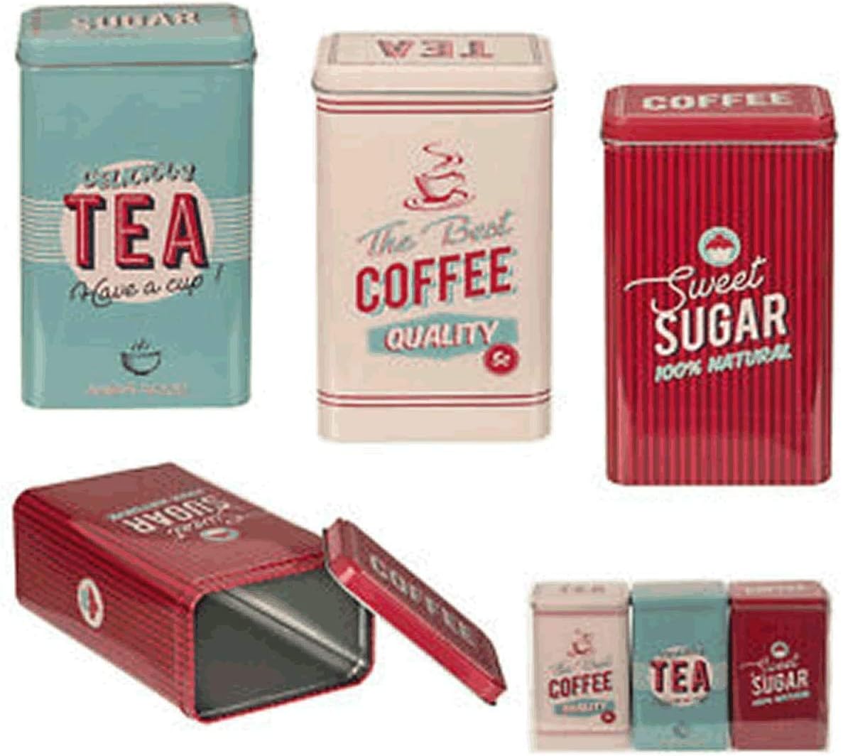 Almineez Retro Set of 3 Stainless Steel Tea Coffee Sugar Jar Canisters Kitchen Container Tins Storage Organiser Set Air Tight Vintage Design