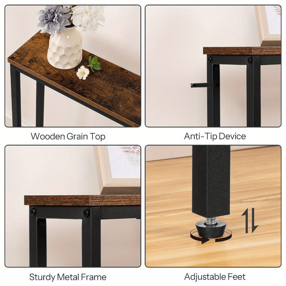 160cm Narrow Console Table with Charging Station Rustic Brown Black Long Slim Sofa Couch Table Hallway Entryway Living Room Behind Sofa Table