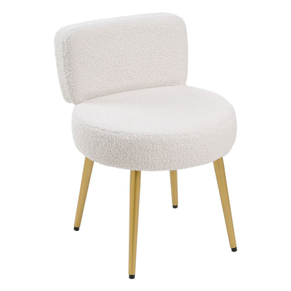 Dressing Table Stool Teddy Plush Upholstery with Gold Legs – Cream Vanity Chair with Backrest for Bedroom, Dressing Room & Living Room, 60cm
