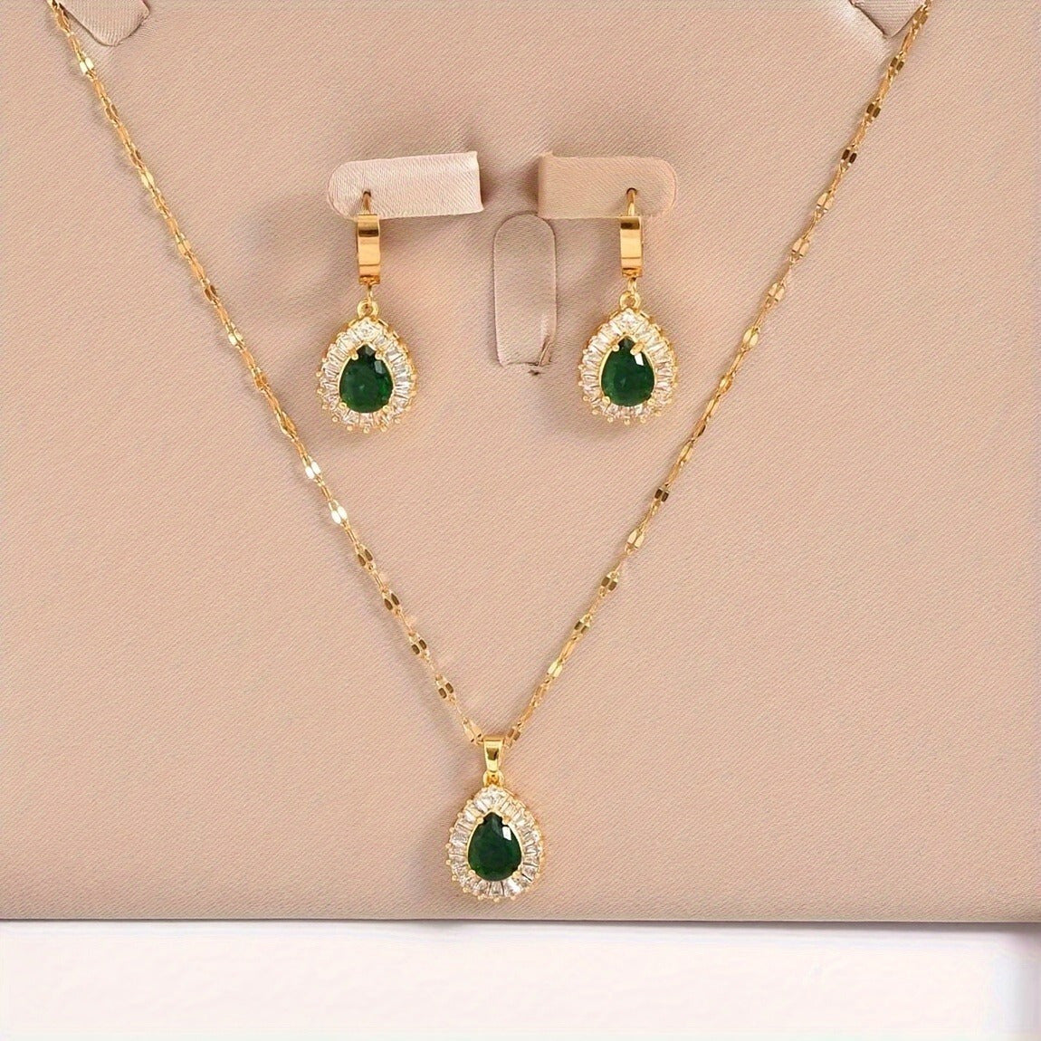 3 pcs/set, boho & elegant style, golden drop shape design pendant, deep inlay green faux diamond necklace & studs, fashion delicate accessory for daily wear & party, gift idea for ladies