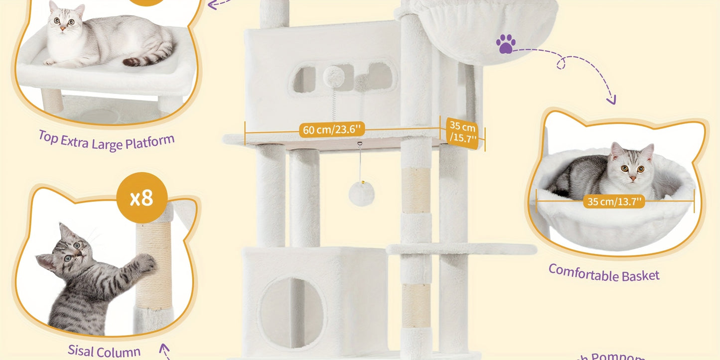 Cat Tree for Indoor Cats, 210cm Large Tall Cat Tower, Multi-Level Cats House with Condo, 8 Scratching Posts, Hammock, 4 Pom Poms