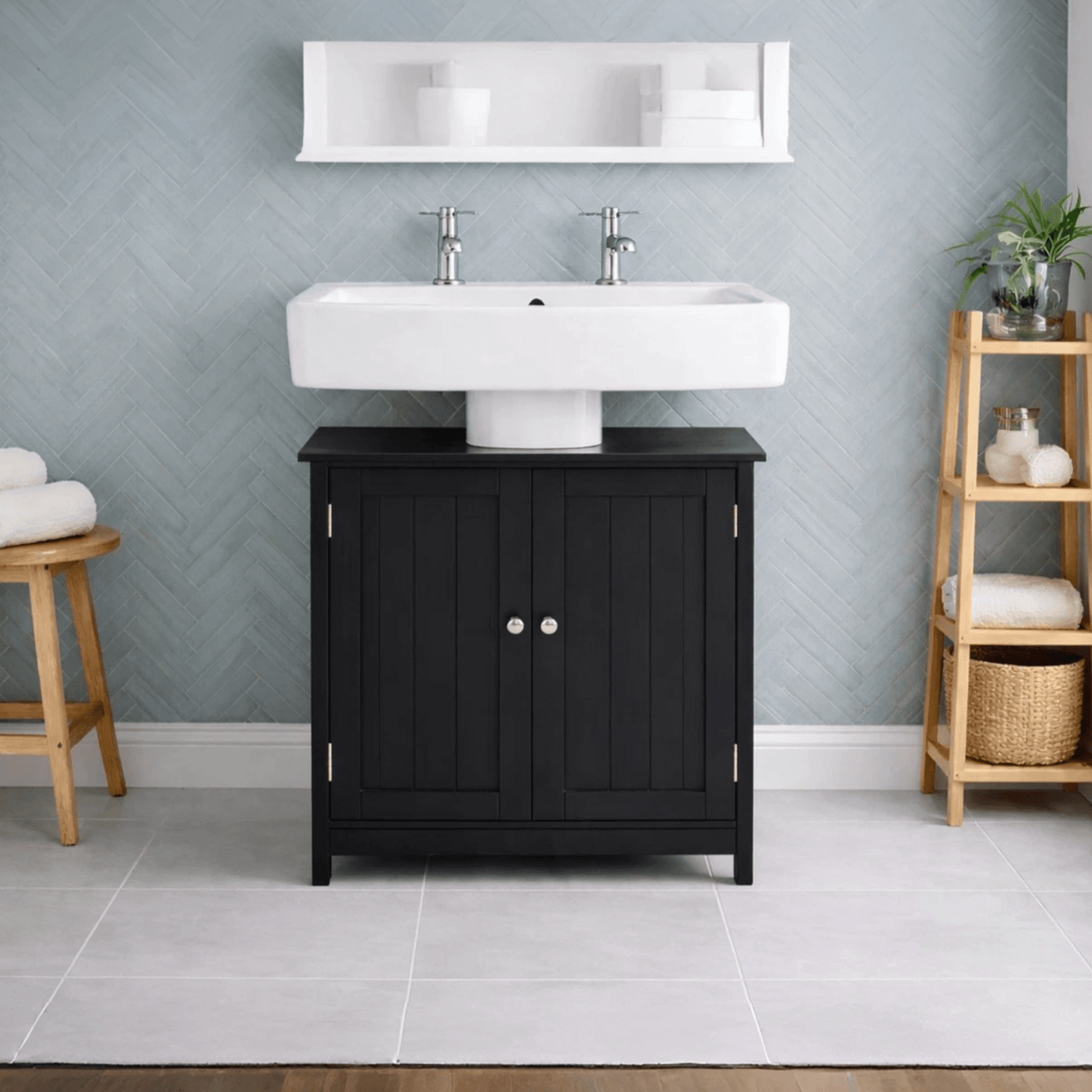 Under Sink Bathroom Cabinet Storage Unit | Free Standing Wooden Cupboard Organiser with Shelf | Pedestal Sink Surround | Black or White | H60xW60xD30cm