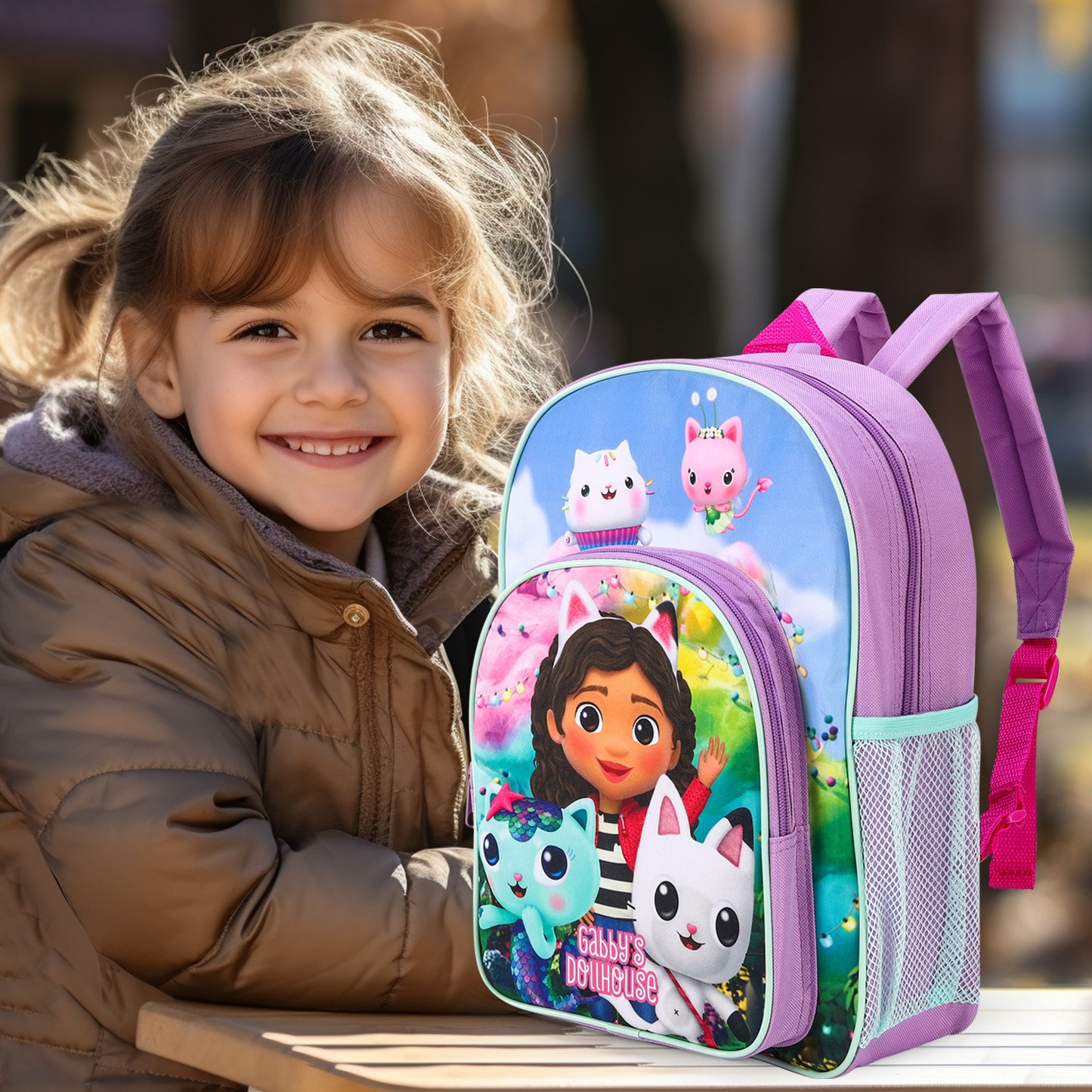 Gabby'S Dollhouse Kids Childrens Premium Backpack School Rucksack Travel Bag with Side Mesh Pocket And Front Zipped Pocket