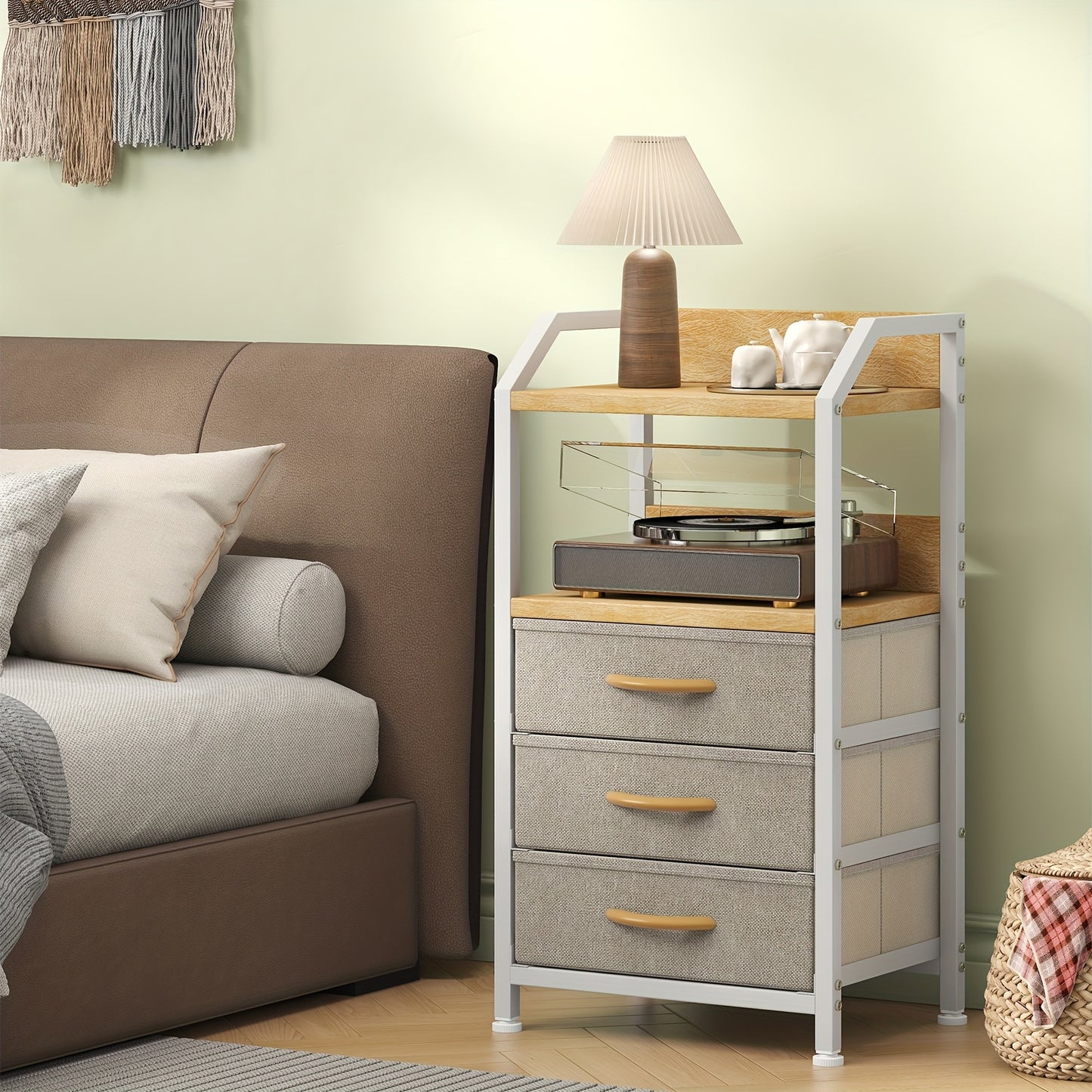 Industrial Rustic End Table with Storage - Nightstand with 3 Fabric Drawers & 2 Shelves, Wood & Metal Bedside Table Suitable for Bedroom, Living Room, Small Spaces - Assembly, Space-Saving