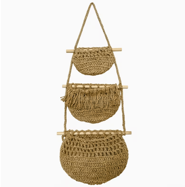 Boho Chic 3-Tier Wall Hanging Storage Basket - Handwoven Rope Organizer for Fruits, Vegetables & More - Easy Install, Versatile Home Decor, Storage Basket