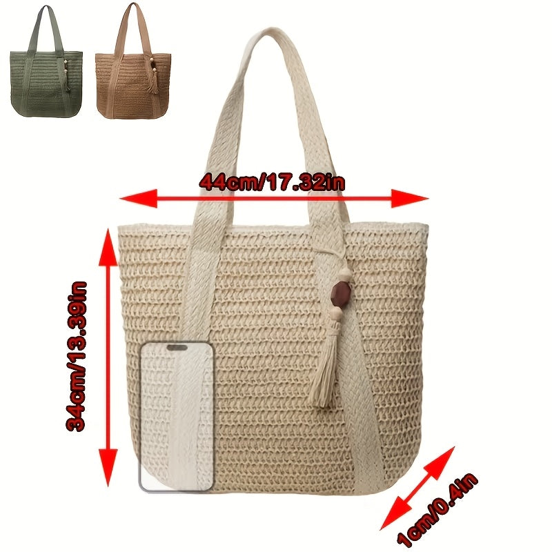 Elegant Large Capacity Woven Tote Bag | Fixed Shoulder Straps, Zipper Closure, Ideal for Daily Commute, Shopping, And Travel, Perfect Lily Brand