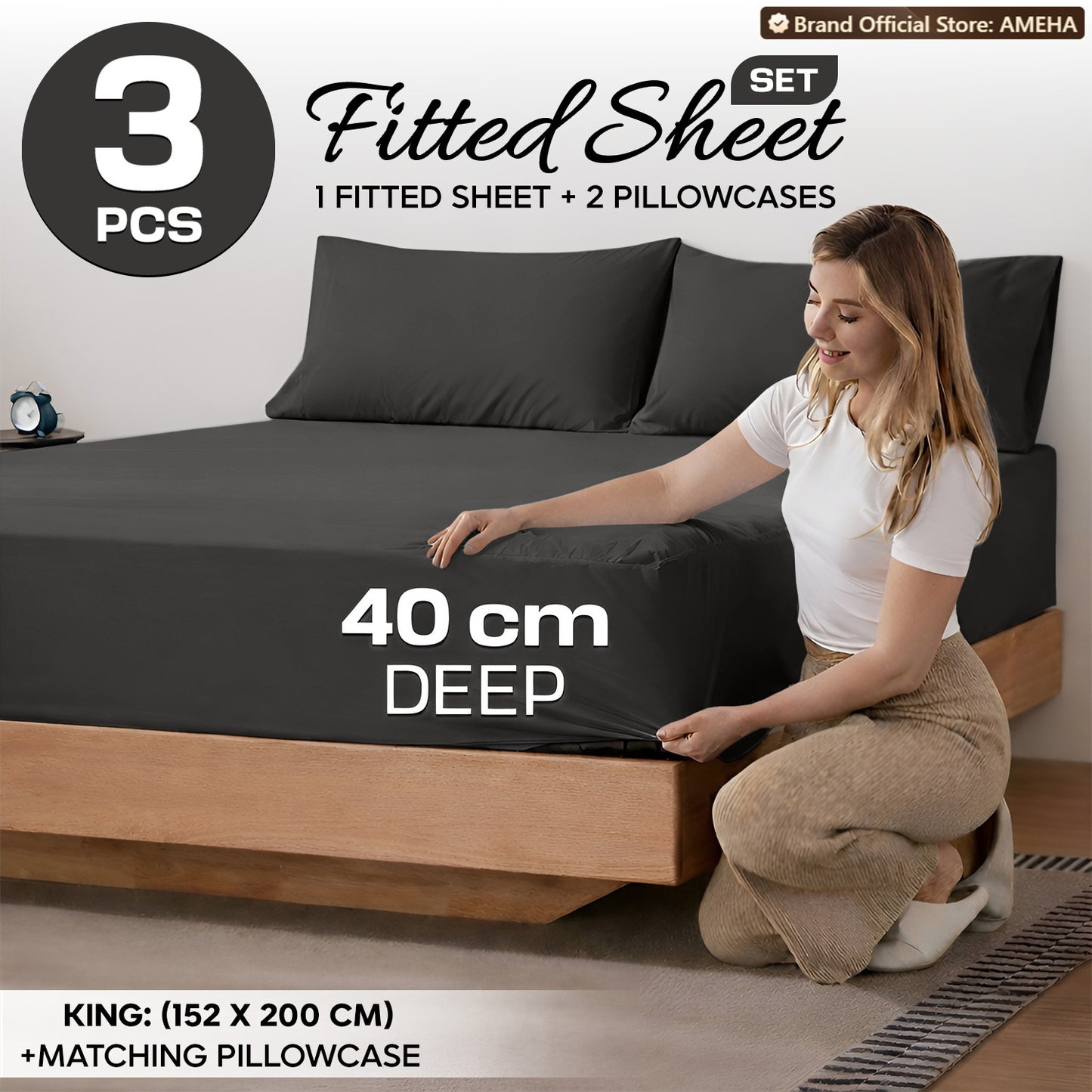 3pcs 40cm Extra Deep Fitted Sheet – Solid Color Soft & Comfortable Bed Sheet with 2pcs Matching Pillowcases, Breathable Fabric Soft Brushed Microfiber Bedding, Machine Washable for Home Bedroom, Hotel