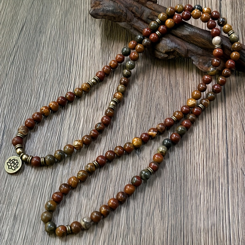 Vintage Bohemian 108 Mala Beads Handmade Stacked Elastic Bracelet - Picasso Stone Natural Stone Mindfulness Yoga Japamala Jewelry Necklace for Men and Women, Elegant with Lotus Pendant, Ideal Gift for Mother's Day, Father's Day, Ramadan.