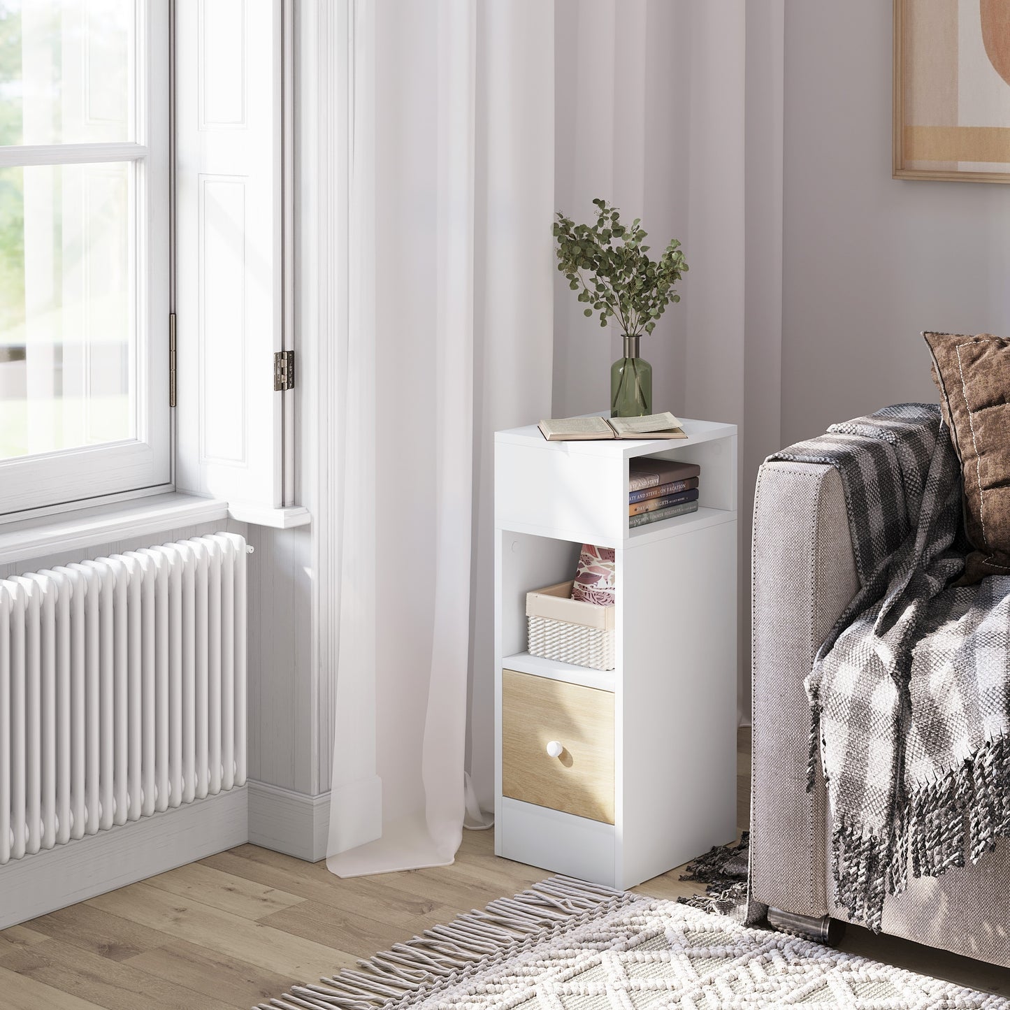 Nightstand, Bedside Table, 2 Open Compartments And 1 Drawer, Bedroom, Living Room, Space Saving Cabinet, Particle Board, 25X30X66Cm, Dark Grey