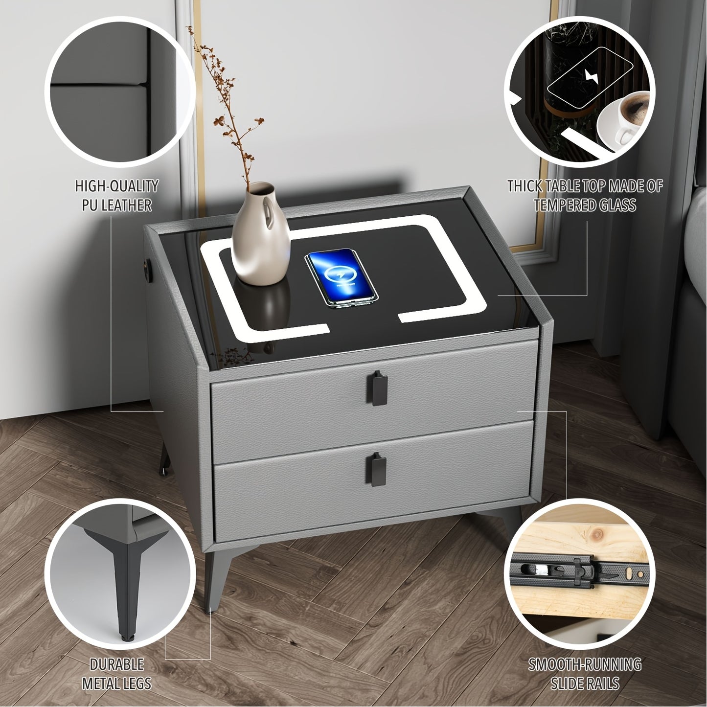 LED Bedside Table, Bedside Cabinet Side Table with 2 Drawer, End Tables for Bedroom, Nightstand
