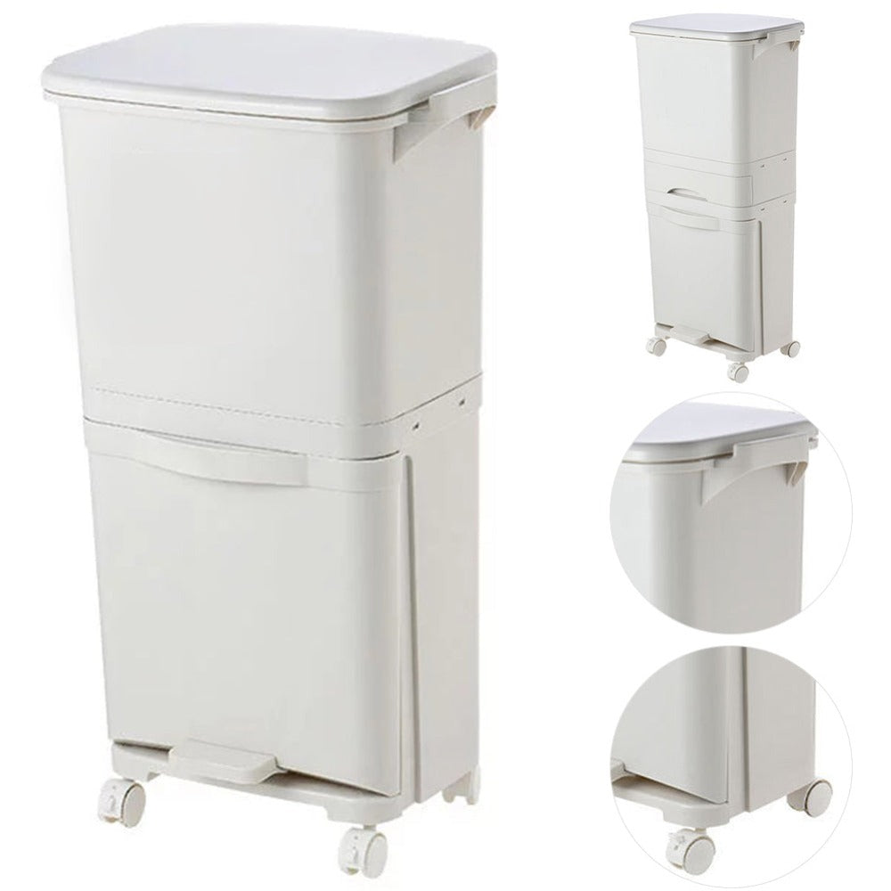 38L Rolling Dual Compartment Waste Bin with Casters – Wet & Dry Separation Rubbish Bin for Office & Living Room, Sturdy Plastic, 42x28x73cm
