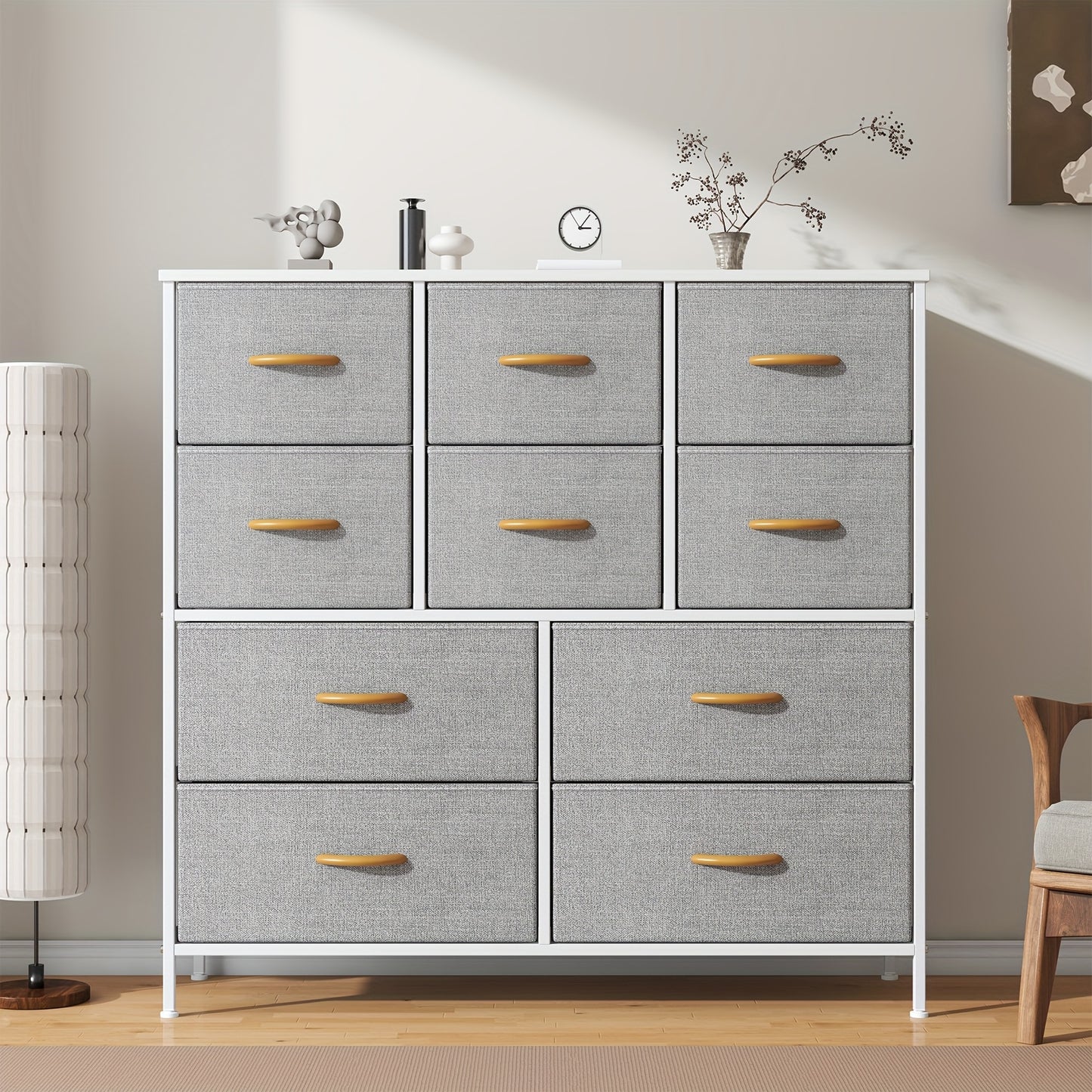 A 10-Drawer Dresser Featuring a Robust Metal Structure, MDF Wood Surface, Fabric Drawers, Adjustable Legs, And Anti-Tip Safety Measures - Perfect for Organizing Storage in a Bedroom, Closet, Living Room, Or Office
