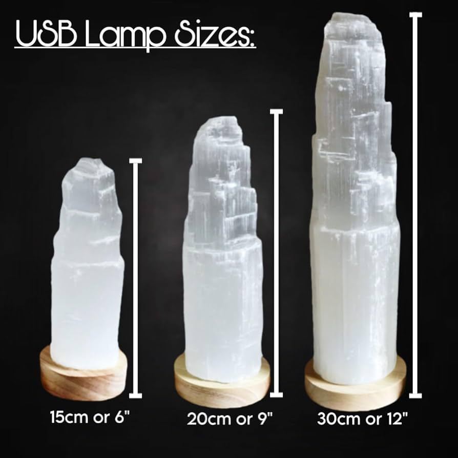 Selenite Crystal USB LED Lamp with Wooden Base Handmade White Crystal Tower white Light lamp for Home Decoration, Meditation, Yoga & Gifting