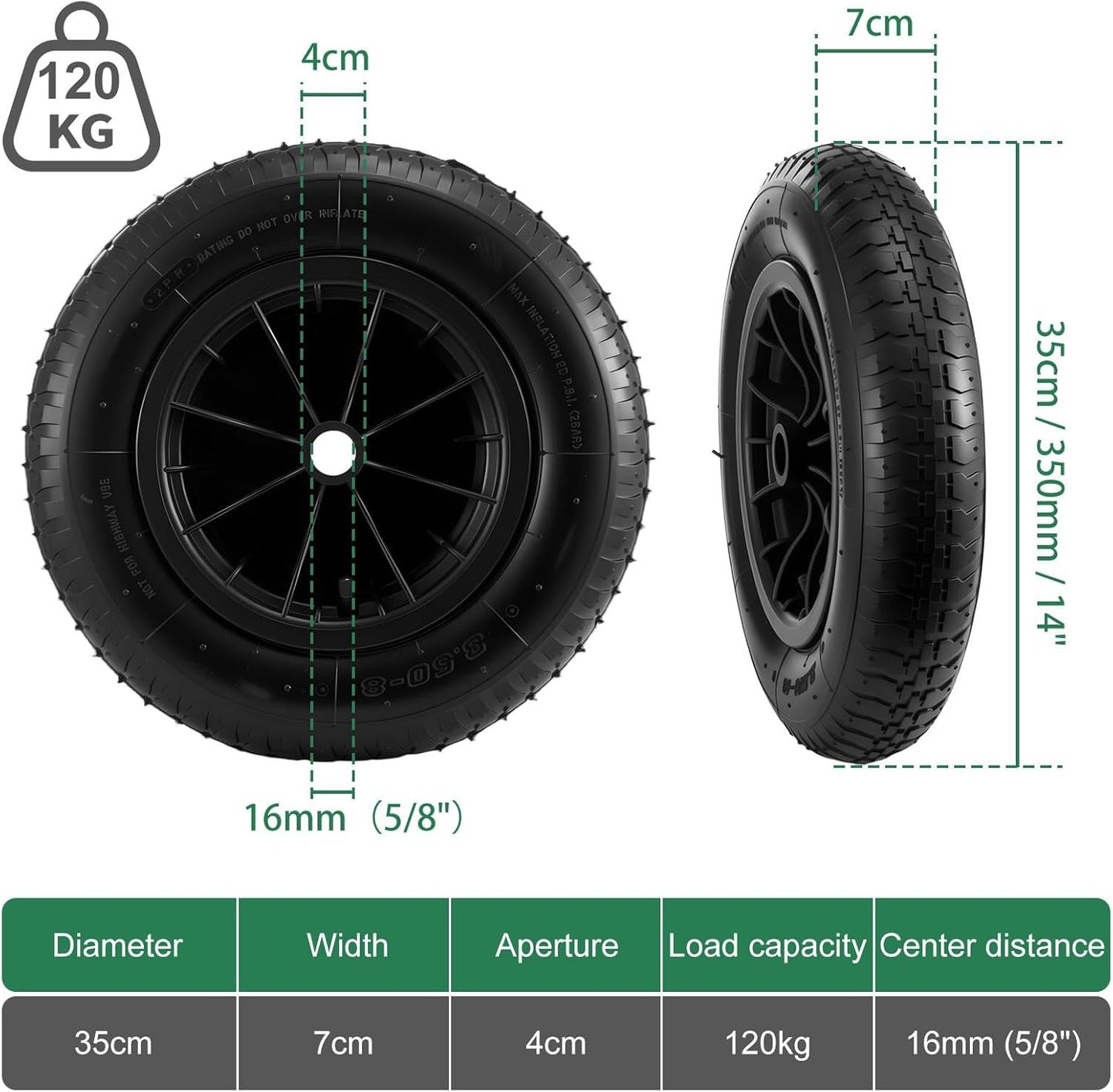 14" 350mm 5-8 Wheelbarrow Wheel Solid Tyre/ Pneumatic Inflatable Tyre with 16mm Centre Wheels Replacement Heavy Duty Wheels Wheelbarrow Tyre for Garden Trolley Barrow Cart
