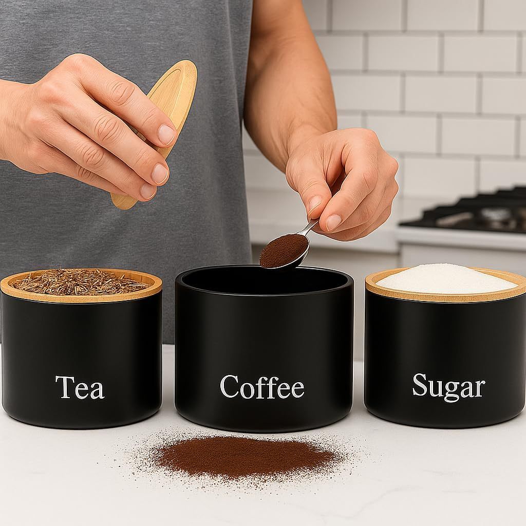Trendi Set of 3 Tea, Coffee & Sugar Stackable Airtight Canisters- Black Storage Jars with Bamboo Lids – Easy to Open, Labelled Containers for Organized Kitchen Storage