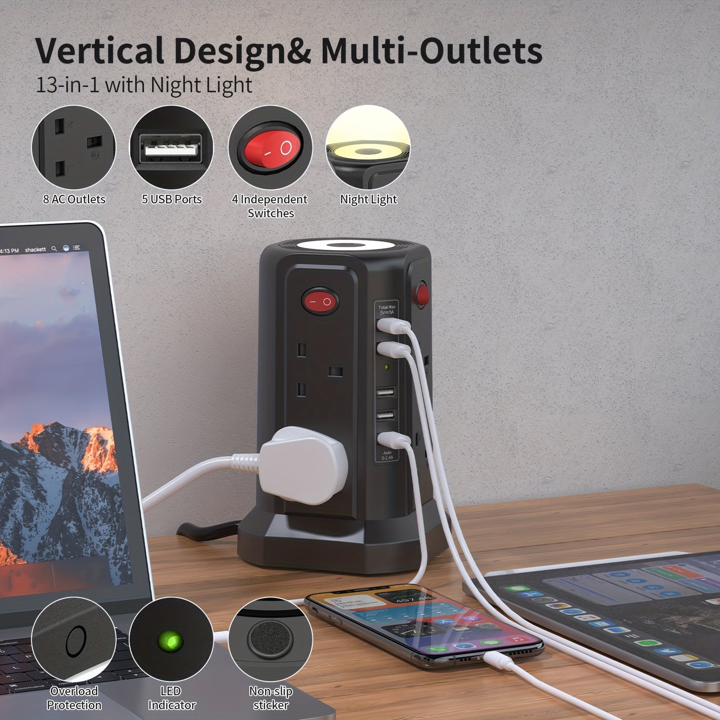 Upgraded New Product Tower Extension with USB Slots 3.02m, 20W Fast Charger with Night Light, (13A 3250W)5 USB Ports & 8 Way, Surge Protected Extension with 4 Independent Switch, Extension Cable for Home Office for Business for Factory