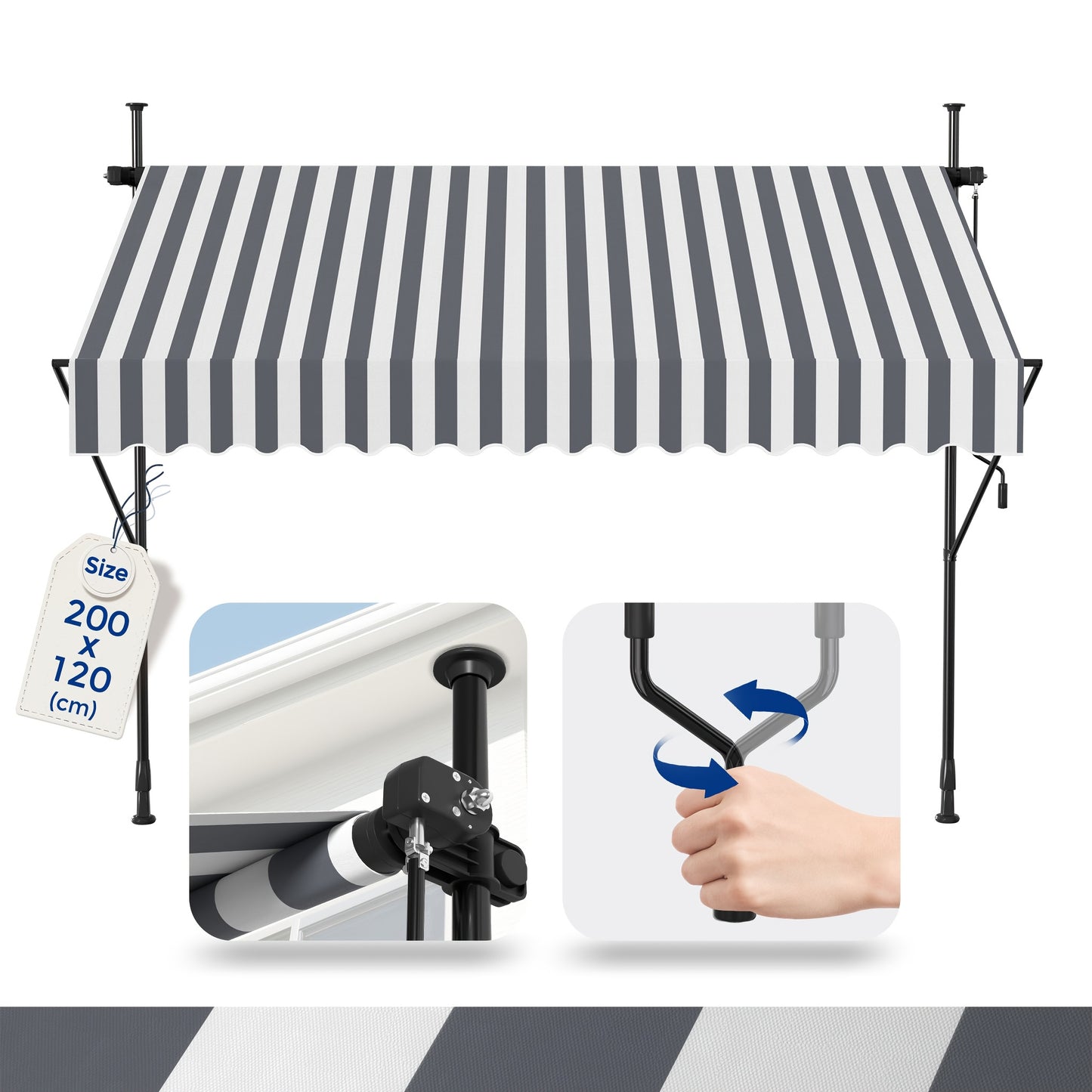 Retractable Awning 200x120cm Hand Crank | No Drilling Clamp Fit | UV Resistant 180g/m² PU Coated | 0-90° Tilt Height 1.75-3m | Patio Balcony Sun Shade | 4 Colours