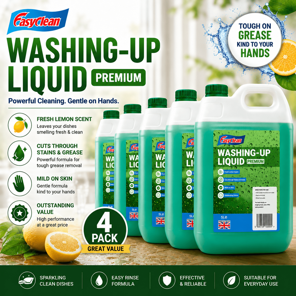 EasyClean Washing Up Liquid 5L Refill - Fresh Lemon Fragrance Non Bio & Skin Sensitive Friendly Dish Wash Cleaner - Kitchens Cleaning Products