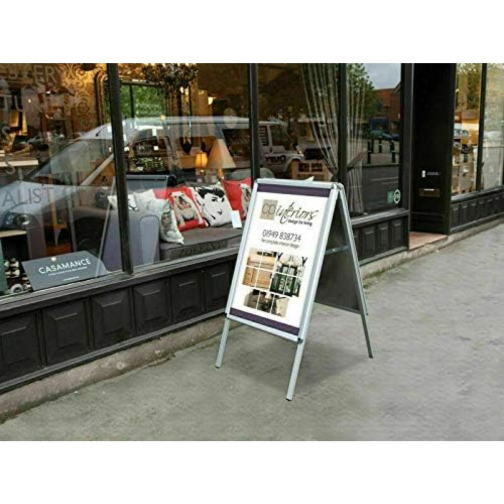 A2 A-Board Pavement Sign Display Stand Double Sided Aluminium Alloy 87x45cm Snap Frame Waterproof Anti-Glare Cover Foldable Windproof for Shops Restaurants Offices Events