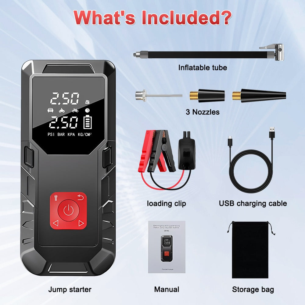 Car Jump Starter and Tyre Inflator 150PSI Emergency Kit with LED Light 12V Power Bank for Petrol Diesel Cars Travel and Camping