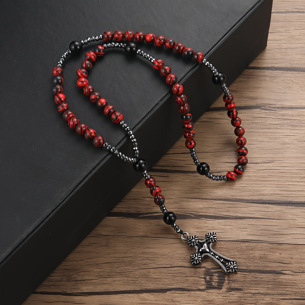 8Mm Red Bead Cross Pendant Necklace for Men And Women, Handmade Jewelry