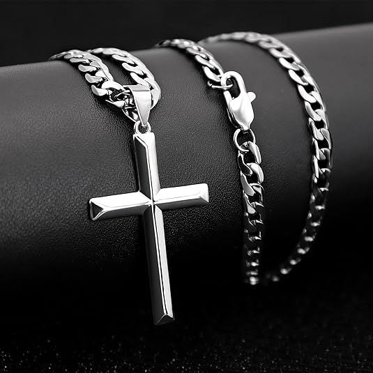 925 Sterling Silver Solid Cut 5mm Cuban Chain Cross Pendant Necklace, Hip Hop Trend, Birthday Gift, Everyday Gift, Valentine's Day Gift, Perfect for Celebration, Party, Dating, Comes with A Gift Box, Hip Hop Jewelry, Celebration Necklace, Statement Neckla
