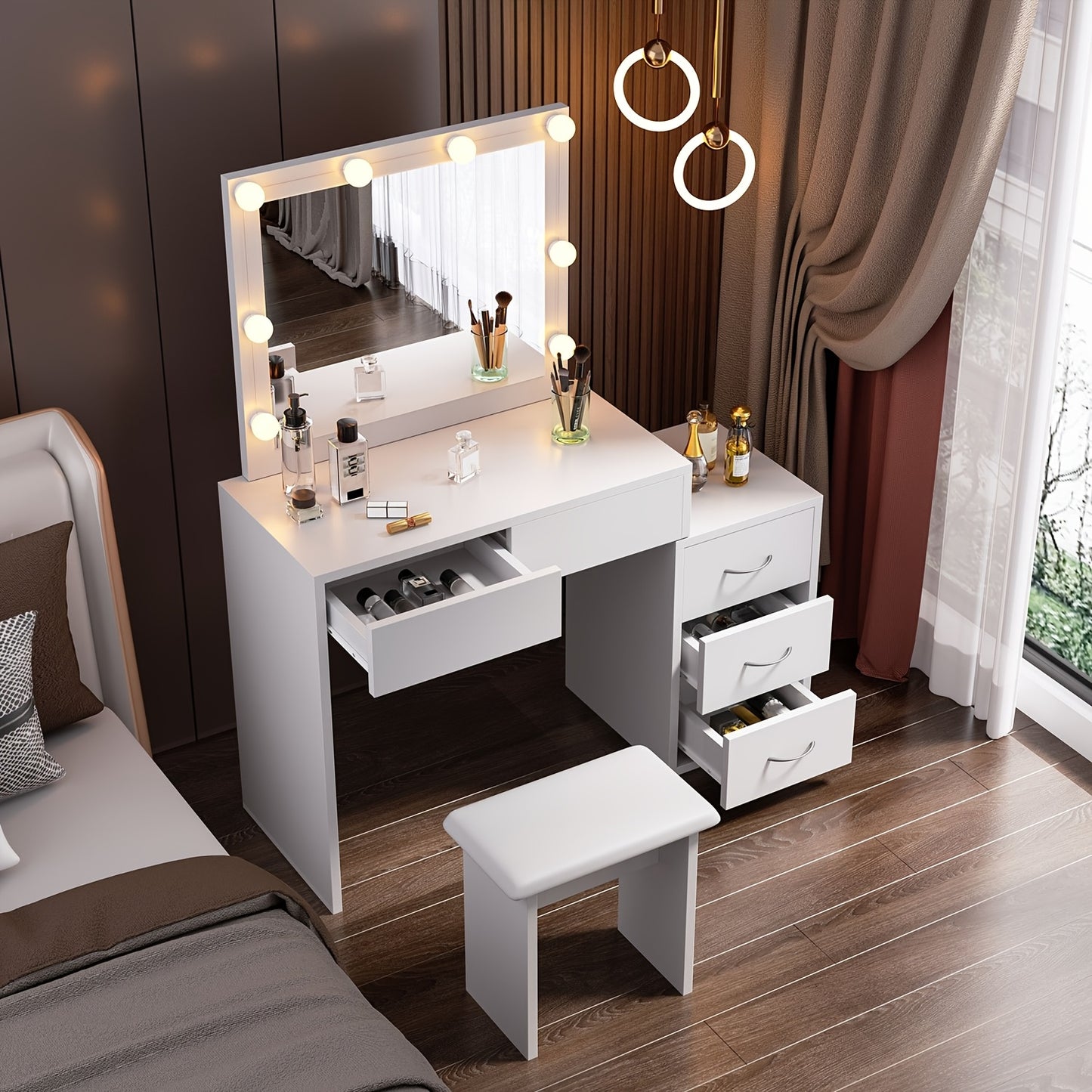 Dressing Table Set with LED Lighting Bulbs, Vanity Makeup Desk with 2 Storage Drawers And Stretchable Bedside Table, Cushioned Stool for Bedroom Living Room
