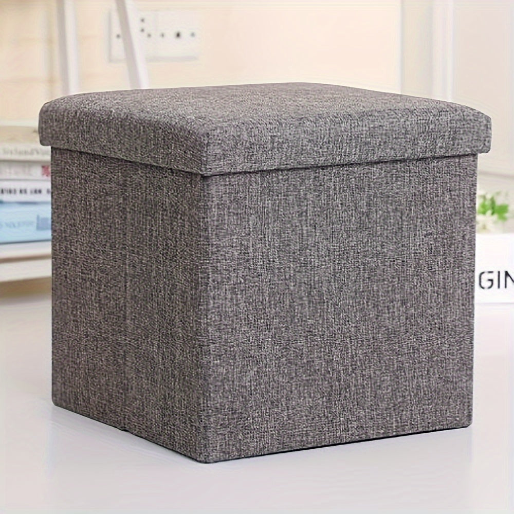 Grey Cotton Linen Storage Ottoman Stool | Foldable Toy & Clothes Organiser | Living Room Bedroom Study Footrest Seat | Fabric Storage Box with Lid