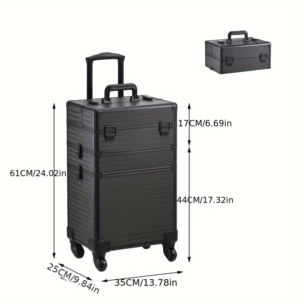 Large 3-in-1 Makeup Trolley Case – Professional Hairdressing Vanity Beauty Box with Wheels, PU Aluminium Frame Cosmetic Storage, 37x25x56cm, Rose Gold & Black