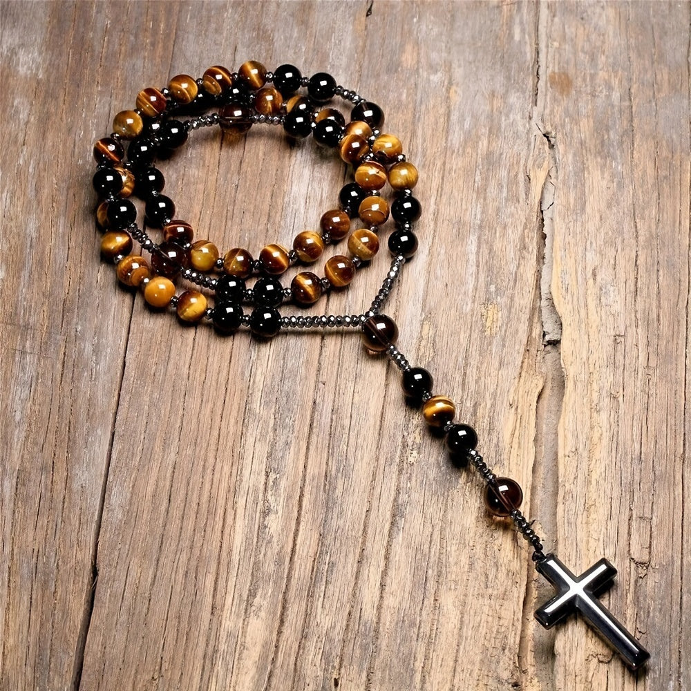 New Natural Tiger Eye Round Bead Long Chain Necklace with Black Agate Cross for Men